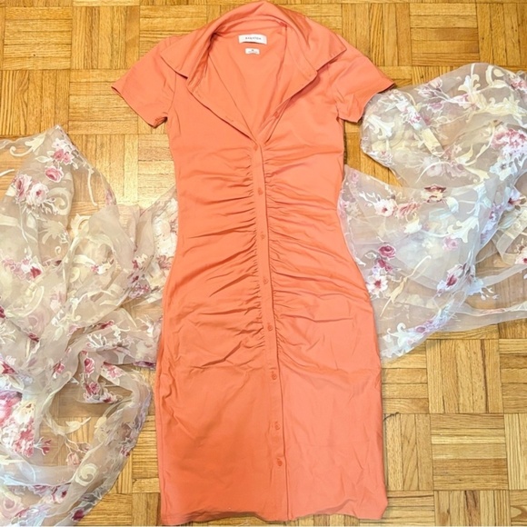 Babaton Orange Button Up Collared Bodycon Ruched Dress - Picture 12 of 15